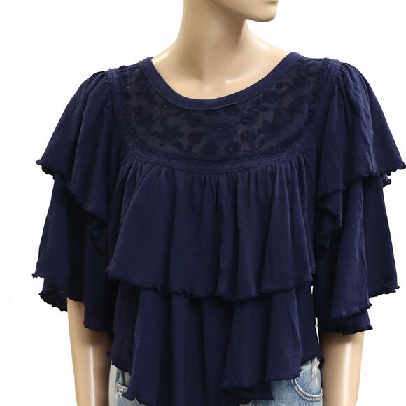 Free People Rose Party Tee Blouse Top Swingy Lace Embroidered Ruffle M 281559 - Picture 4 of 6